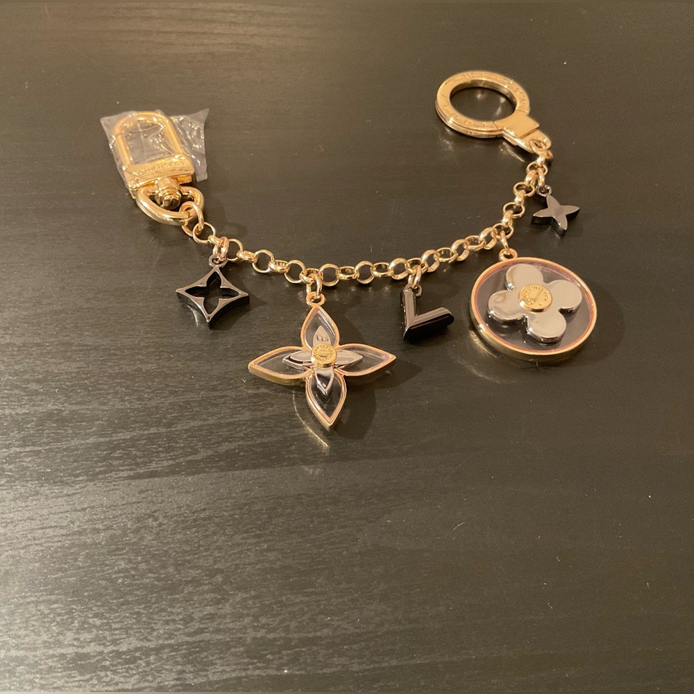 Gold and Black Bag Charm with Floral Charms M254